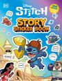 „Disney Stitch Story Sticker Book“ und „300 stickers to create stories“. Stitch hält Käse, links Turm mit „ALOHA!“.