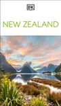 Text: "NEW ZEALAND". Oben ein Logo "DK". Darunter: Bild einer beeindruckenden Berg- und Seenlandschaft bei Sonnenuntergang.
