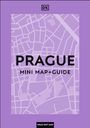 „PRAGUE MINI MAP+GUIDE“ gefolgt von lila Stadtplan-Linien, DK-Logo oben, „FOLD-OUT MAP“ unten.