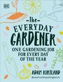 "The Everyday Gardener" und "Adam Kirtland". Illustration: Hand mit Erde, Blume, Gießkanne, Gartengeräte, Knoblauch.