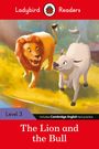 Titel: "The Lion and the Bull". Illustration eines Löwen und eines Stiers in einem Wald.