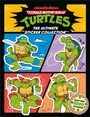 Text: "Teenage Mutant Ninja Turtles: The Ultimate Sticker Collection". Illustration von vier Schildkröten in Aktion.
