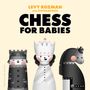 „Levy Rozman aka GothamChess, Chess for Babies“. Illustration: Lachende Schachfiguren, Turm, Dame, Springer.