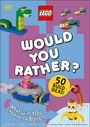 Großer Titel: "Would You Rather?"; unten: "What will YOU choose to BUILD?". Bunte LEGO-Figuren: Dinosaurier, Astronaut.