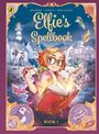 "Elfie's Spellbook, Book 1." Illustration zeigt ein Mädchen mit Brille, Zauberbuch in der Hand, Frösche und Origami.