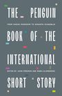 Text: "The Penguin Book of the International Short Story." Grauer Hintergrund, bunte geometrische Formen als Dekoration.