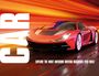 Großer Text "CAR", ein roter Sportwagen mit leuchtenden Scheinwerfern auf einem dynamisch wirkenden Hintergrund.