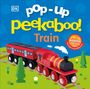 Text: "pop-up peekaboo! Train", "Pop-up surprise under every flap!"

Rote Spielzeuglokomotive auf Schienen, bunte Illustration.