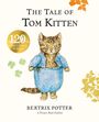 "The Tale of Tom Kitten," "120th Anniversary Edition," "Beatrix Potter." Illustration einer Katze mit blauem Anzug und Blättern.