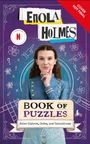 Text: "Enola Holmes", "Book of Puzzles", "Solve Ciphers, Codes, and Conundrums", "Cover Not Final". 

Illustration einer Frau mit langem braunen Haar in blauer Kleidung; umrahmt von Diagrammen und floralen Zeichnungen.