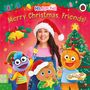 "Merry Christmas, Friends!" steht in festlicher Schrift. Eine Frau und bunte Figuren, alle mit Weihnachtsmotiven und fröhlich.