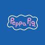 Text: "Peppa Pig" in rosa Buchstaben, umrandet von einer unregelmäßigen weißen Linie auf blauem Hintergrund.