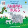 "The Very Hungry Caterpillar's Animal Hugs." Ein Schaf mit Lamm im Gras, bunte Raupe und Schmetterling, fröhliche Illustration.