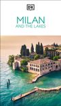 Texte: "MILAN AND THE LAKES", Logo mit "DK". Ansicht eines Sees mit historischer Architektur und Zypressenbäumen.