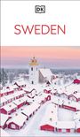 Text: "SWEDEN", "DK" (Logo). Winterlandschaft mit rotweißen Häusern, Kirchturm und rosa Himmel.