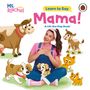 "Learn to Say Mama!" A Lift-the-Flap Book! Illustration mit lächelnder Frau und Tieren: Kuh, Hund, Katze, Ziege.