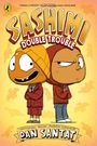 Text: "SASHIMI DOUBLE TROUBLE." Zwei cartoonhafte Figuren, Fischkopf und Kapuze, vor gelbem Hintergrund mit fliegenden Formen.