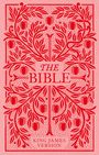 Text: "The Bible, King James Version". Rot-weiße Illustration eines stilisierten Baumes mit Äpfeln und Blättern, verziert.