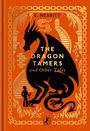 „THE DRAGON TAMERS and Other Tales“ von E. Nesbit. Schwarzer Drache mit Mensch, verziert mit goldenen Mustern.