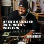 Texte: "CHICAGO MUSIC, SEEN", "100 PORTRAITS", "JIM NEWBERRY". Ein Mann lächelt mit Kopfhörern an einem DJ-Pult.
