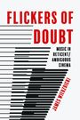 "FLICKERS OF DOUBT" in roter Schrift; "MUSIC IN RETICENT/AMBIGUOUS CINEMA" kleiner daneben. Linien formen ein abstraktes Bild.