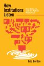 „How Institutions Listen“ und „Eric Gordon“ sind sichtbar. Rote Symbole fallen in einen weißen Kreis auf gelbem Hintergrund.