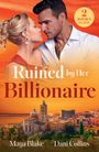 "Ruined by Her Billionaire" - Romantisches Cover: Ein Paar steht nah beieinander vor einem orangen Himmel. Unten eine mediterrane Stadt.
