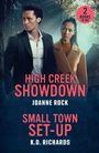 Zwei Bücher in einem: "High Creek Showdown" von Joanne Rock, "Small Town Set-Up" von K.D. Richards. Zwei Personen im Anzug.