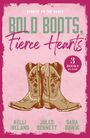 „Sunrise on the Ranch. Bold Boots, Fierce Hearts. 3 Books in One.“ Illustration von Cowboystiefeln.