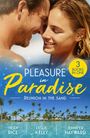 "Pleasure in Paradise: Reunion in the Sand." Zwei Menschen lächeln sich am Strand an, mit Palmen im Hintergrund.