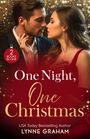 "One Night, One Christmas" in goldener Schrift, romantisches Paar in festlichem Ambiente, funkelnde Lichter im Hintergrund.