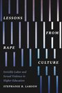 "Lessons from Rape Culture" steht in weißen Buchstaben. Darunter: "Invisible Labor and Sexual Violence in Higher Education." Rechts unten: "Stephanie R. Larson." Vertikale Streifen verlaufen in verschiedenen Blau- und Lilatönen.