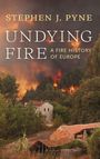 "Undying Fire: A Fire History of Europe" von Stephen J. Pyne. Waldbrand hinter Bäumen und Häusern.