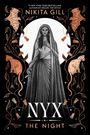 „NIKITA GILL“, „NYX“, „THE NIGHT“. Illustration: Frau in Gewand, mit Fledermäusen, Katzen und Blumenranken.