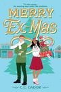 "MERRY Ex-Mas"; zwei Personen vor grünem Weihnachtsbaum; er im Mantel, sie mit Geschenken und Santa-Hut; Stadt im Hintergrund.