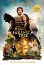 "The Magic Faraway Tree: The Enchanted Wood." Drei Figuren stehen vor einem riesigen, magischen Baum mit lila Blüten.