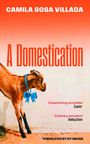 Titeltext: "A Domestication". Ein Ziegenbock mit blauem Band vor orange-weißem Hintergrund.