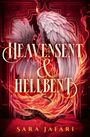 "Heavensent & Hellbent" und "Sara Jafari" in goldener Schrift. Zwei Flügel, Schlange, umgeben von roten Flammen.
