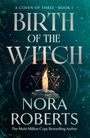 „Birth of the Witch“, „A Coven of Three, Book 1“, „Nora Roberts“. Eine brennende Kerze auf einem Stein, Hintergrund mit Sternen.