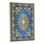 Keine erkennbaren Texte. Ein reich verziertes, goldenes Blumenmuster auf blauem Hintergrund, dekorativer Umschlag.