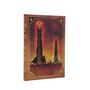 Buchcover: "THE LORD OF THE RINGS". Silhouetten von Türmen und Figuren vor einer Karte.