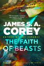 Text: "JAMES S. A. COREY, THE FAITH OF BEASTS." Sci-Fi-Szene mit farbenfrohem Raumfahrzeug.