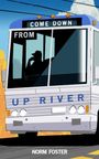 „Come Down From Up River“. Ein Bus mit einem Fahrer im Profil, blau, mit weißen und orangen Details. Norm Foster.