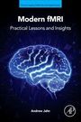"Modern fMRI: Practical Lessons and Insights" von Andrew Jahn. Ein leuchtendes Gehirn vor dunklem Hintergrund.