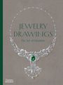"Jewelry Drawings: The Art of Creation." Ein kunstvolles Schmuckdesign mit einem zentralen grünen Stein.
