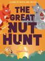 „THE GREAT NUT HUNT“ in großen Buchstaben, zwei verspielte Eichhörnchen und Erdhörnchen, die um eine große Nuss herumtollen.