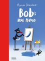 „Bob’s Blue Period“. Eine schwarze Vogel-Illustration malt mit Blau auf eine Staffelei, daneben Früchte.