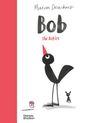 "Bob The Artist" von Marion Deuchars. Ein schwarzer Vogel mit rotem Schnabel und kleinem Hund, Pinsel und Farbeimer.