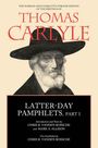 Text: "THOMAS CARLYLE", "LATTER-DAY PAMPHLETS, PART I". Illustration eines Mannes mit Hut und Bart.