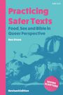 Text: "Practicing Safer Texts: Food, Sex and Bible in Queer Perspective" von Ken Stone, Revised Edition. Hintergrund mit Früchten.